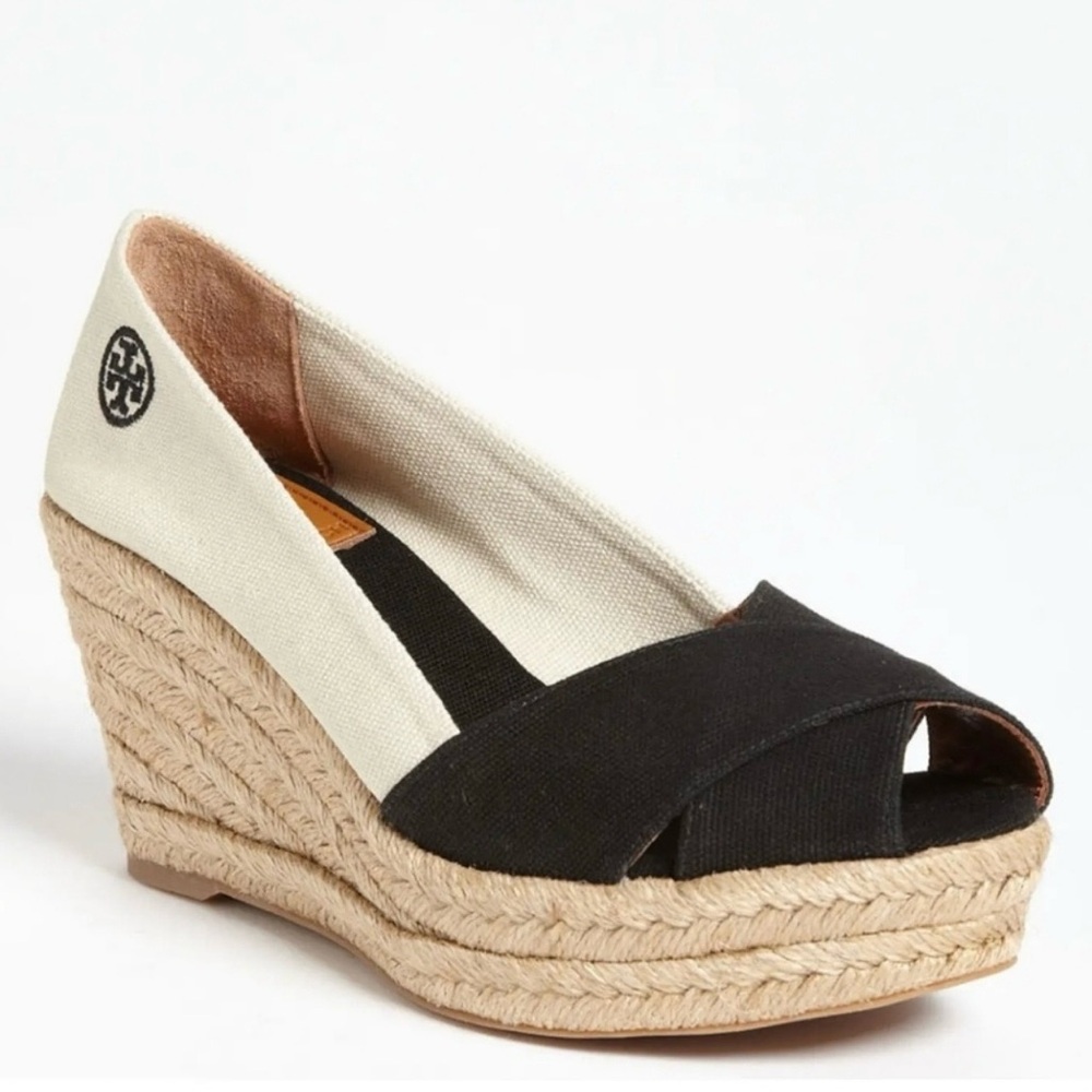 TORY BURCH Filipa Espadrille Wedges - Cream and Black Size 9B